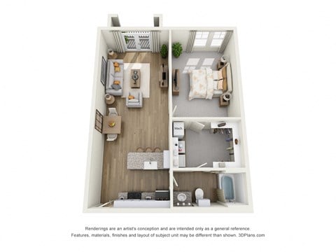 Floor plan for 1 bed, 1 bath, 714 sqft